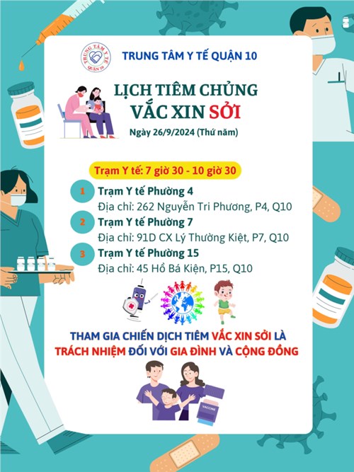 LỊCH TIÊM CHỦNG VẮC XIN SỞI NGÀY 26/9/2024 (thứ Năm) CỦA TRUNG TÂM Y TẾ QUẬN 10.