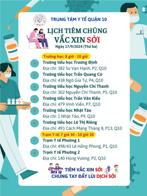 Trung tâm Y tế Quận 10 thông báo Lịch tiêm ngừa Sởi cộng đồng và trường học vào ngày 17/9/2024.