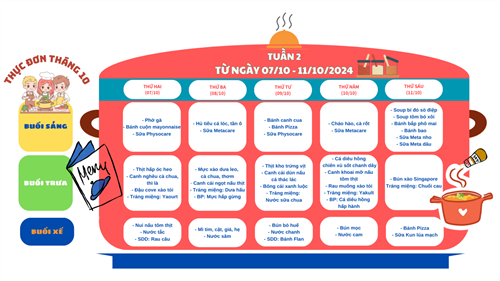 Thực đơn tuần 2 tháng 10 (Từ ngày 07/10 đến 11/10/2024)