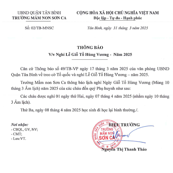 Trường MN Sơn Ca: Thông báo Về việc nghỉ Lễ Giỗ Tổ Hùng Vương- năm 2025.