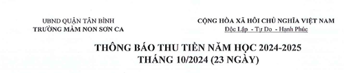 Trường MN Sơn Ca: Thông báo thu tiền năm học 2024-2025 tháng 10/2024 ( 23 ngày)