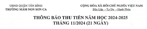 Trường MN Sơn Ca: Thông báo thu tiền năm học 2024-2025 tháng 11/2024 (21 ngày)