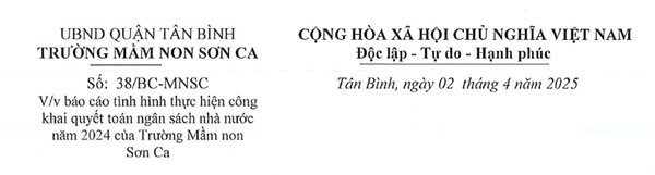 Trường MN Sơn Ca: Công khai CV số 38/BC-MNSC ngày 02/4/2025 của trường MN Sơn Ca Về việc báo cáo tình hình thực hiện công khai quyết toán ngân sách nhà nước năm 2024 của trường MN Sơn Ca .