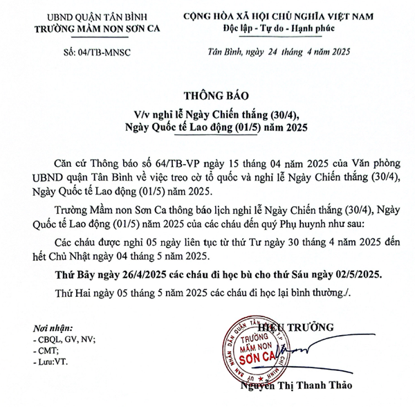 Trường MN Sơn Ca: Thông báo CV số 04/TB-MNSC ngày 24 tháng 4 năm 2025 của trường MN Sơn Ca Về việc nghỉ lễ Ngày Chiến thắng (30/4), Ngày Quốc tế Lao động (01/5) năm 2025.