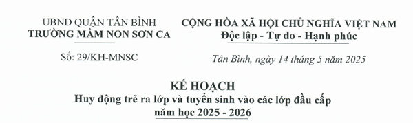 Trường MN Sơn Ca: Thông báo CV số 29/KH-MNSC ngày 14/5/2025 của trường MN Sơn Ca  Kế hoạch Huy động trẻ ra lớp và tuyển sinh vào các lớp đầu cấp năm học 2025-2026 .