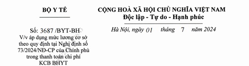 Trường MN Sơn Ca: Tuyên truyền Công văn số 3687/BYT-BH Về việc áp dụng mức lương cơ sở theo quy định tại Nghị định số 73/2024/NĐ-CP của Chính phủ trong thanh toán chi phí KCB BHYT.
