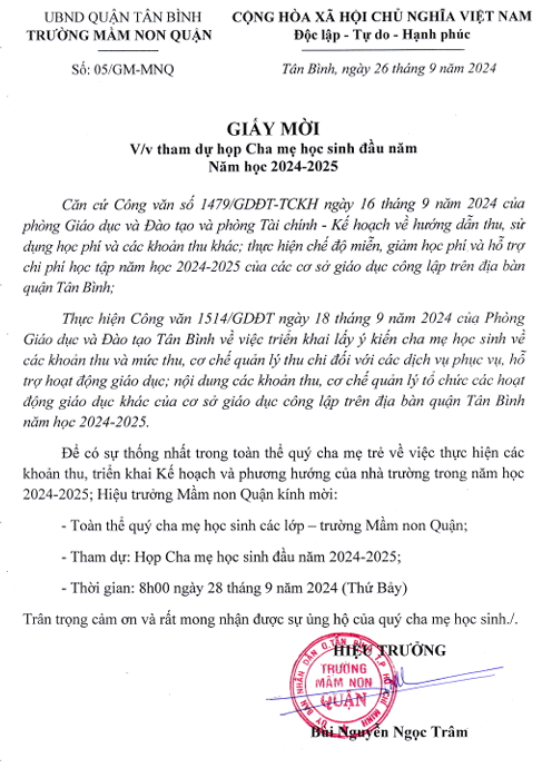 Giấy mời tham dự họp Cha mẹ học sinh đầu năm.