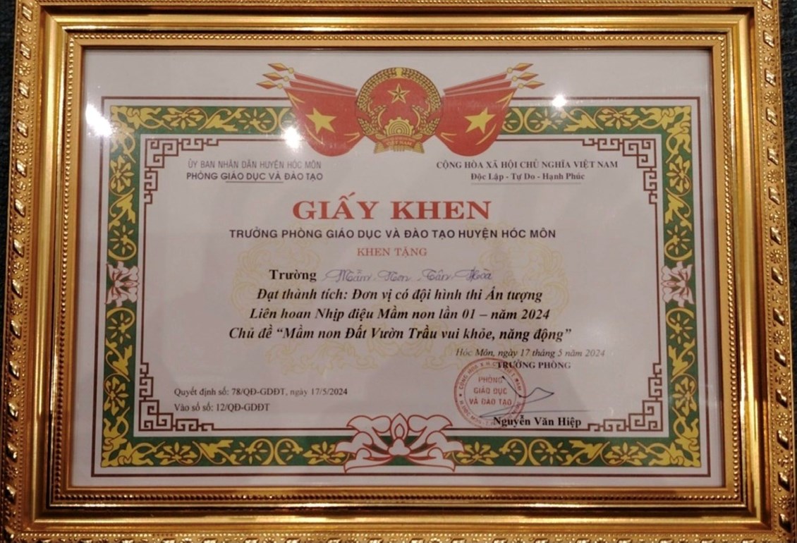 Trường Mầm non Tân Hòa đạt thành tích  Đơn vị có đội hình ấn tượng  tại Liên hoan Nhịp điệu Mầm non lần 01 - năm 2024, chủ đề  Mầm non Đất Vườn Trầu vui khỏe, năng động .