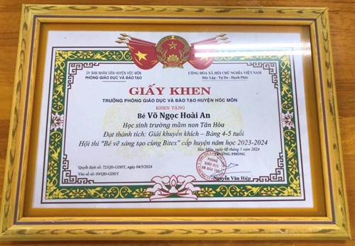 Học sinh Trường Mầm non Tân Hòa đạt Giải khuyến khích - Bảng 4-5 tuổi Hội thi  Bé vẽ sáng tạo cùng Bitex  cấp huyện năm học 2023-2024.