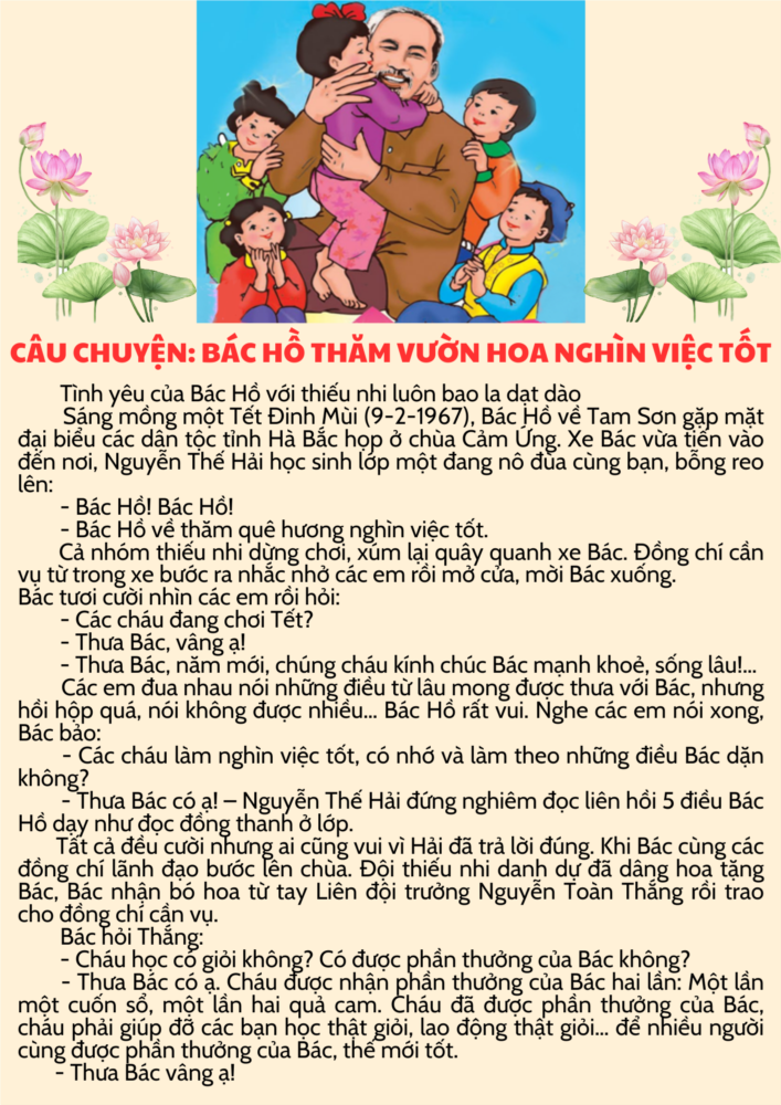 Câu chuyện: Bác Hồ thăm vườn hoa nghìn việc tốt