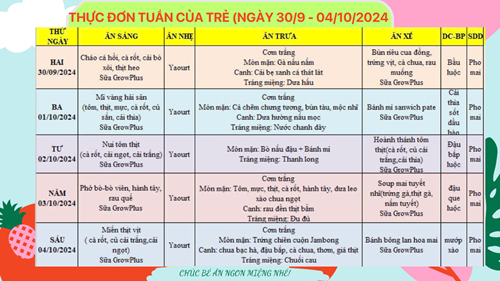 Thực đơn tuần của trẻ (Ngày 30/9 - 04/10/2024)
