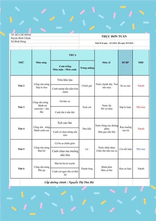 Thực đơn cho bé từ ngày 19/6/2024 đến 20/6/2024