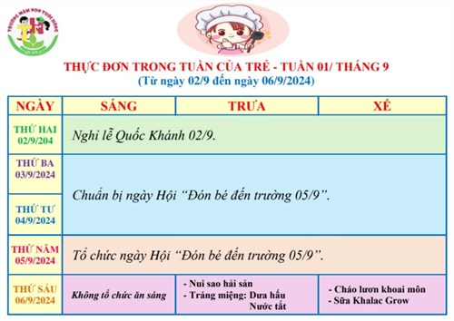 Thực đơn trong tuần của trẻ - tuần 01/ tháng 09/2024