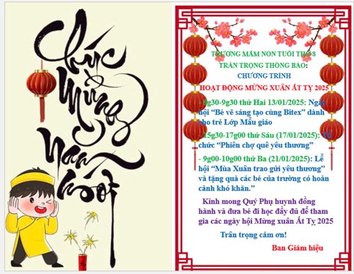 “Một cánh én nhỏ chẳng làm nên Mùa Xuân” và Tập thể Trường Mầm non Tuổi Thơ 8 là  Đàn chim én dệt nên Mùa Xuân  mang lại môi trường thân thiện, ấm áp, rộn ràng sắc Xuân đến với các con thân yêu!!!
Các con thân mến! Nào chúng ta hãy cùng nhau đón Xuân về nhé 🥰🥰🥰🥰🥰