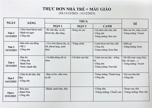 Thực đơn tuần của bé từ ngày 11/12/2023 đến ngày 15/12/2023