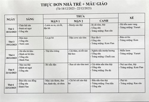 Thực đơn tuần của bé từ ngày 18/12/2023 đến ngày 22/12/2023