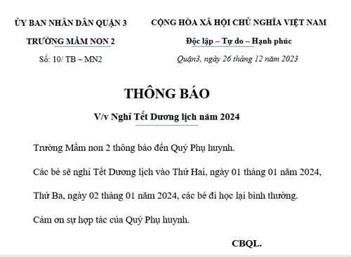 Thông báo về việc nghỉ tết dương lịch năm 2024