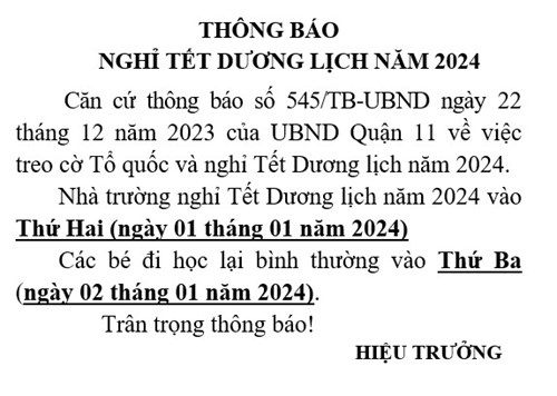 Trường MNP5 thông báo nghỉ Tết Dương lịch năm 2024