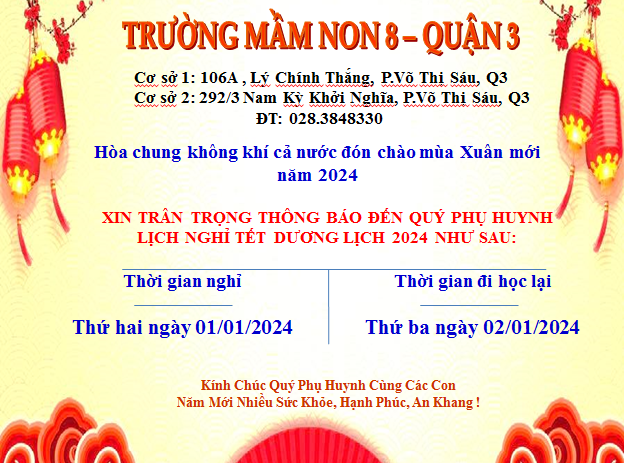 Trường Mầm Non 8 - Thông báo lịch nghỉ Tết Dương Lịch 2024