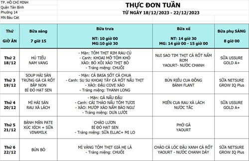 Thực đơn tuần từ ngày18/12/2023 đến ngày 22/12/2023