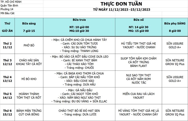 Thực đơn tuần từ ngày 11/12/2023 đến ngày 15/12/2023