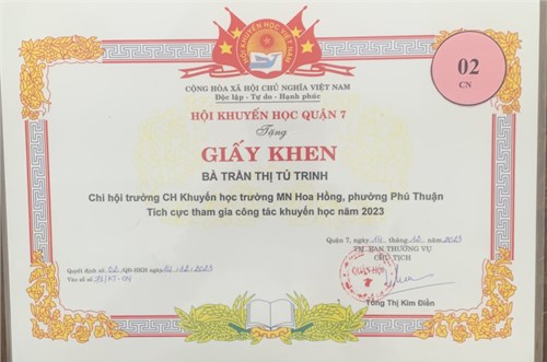 Chúc mừng Cô Trần Thị Tú Trinh Chi hội trường CH Khuyến học trường Mầm Non Hoa Hồng, phường Phú Thuận Tích cực tham gia công tác khuyến học năm 2023.