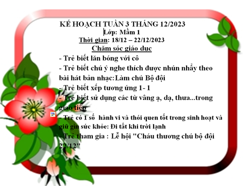 Kế hoạch tuần 3 tháng 12 năm 2023 lớp Mầm 1