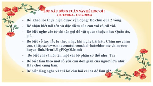 Kế hoạch tuần 2 tháng 12 năm 2023 lớp Gấu Bông