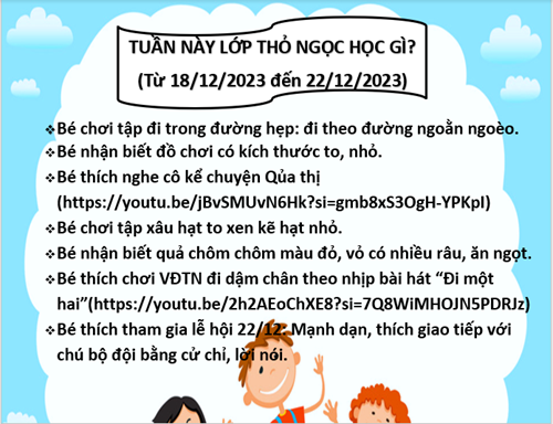 Kế hoạch tuần 3 tháng 12 năm 2023 lớp Thỏ Ngọc