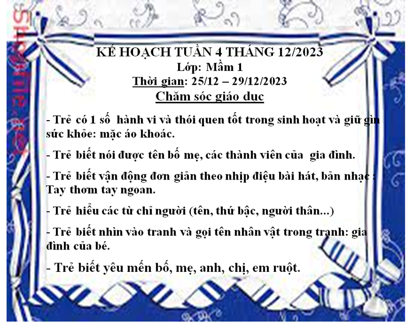 Kế hoạch tuần 4 tháng 12 năm 2023 lớp Mầm 1