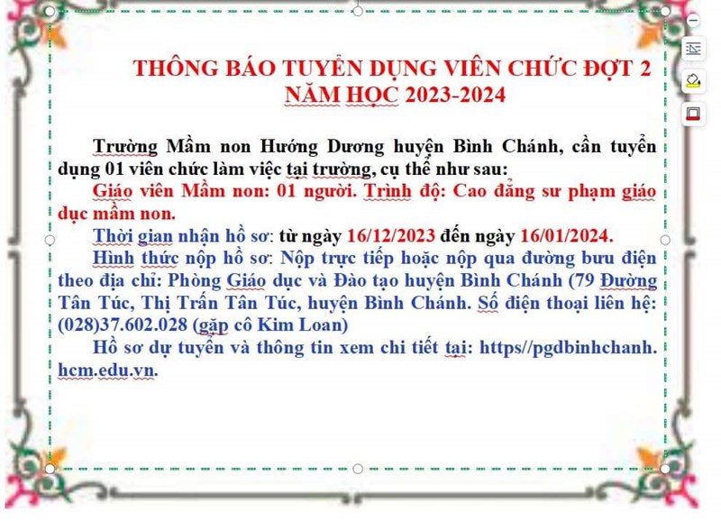 Thông báo tuyển dụng viên chức năm học 2023-2024 (đợt 2)