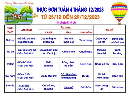 Thực đơn cho trẻ từ ngày 25/12/2023-29/12/2023