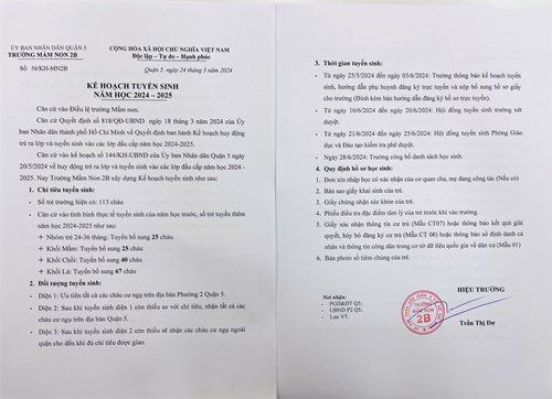 Kế hoạch tuyển sinh năm học 2024 - 2025