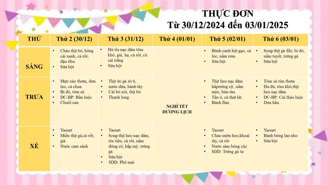 Thực đơn ngày 30/12/2024 đến ngày 03/01/2025