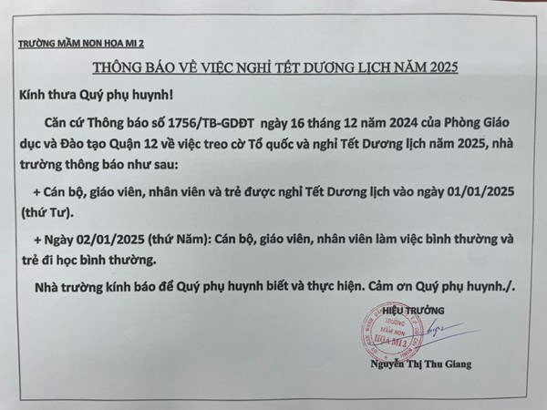 Thông báo nghỉ Tết dương lịch ngày 01/01/2025 của trường MN Hoạ Mi 2