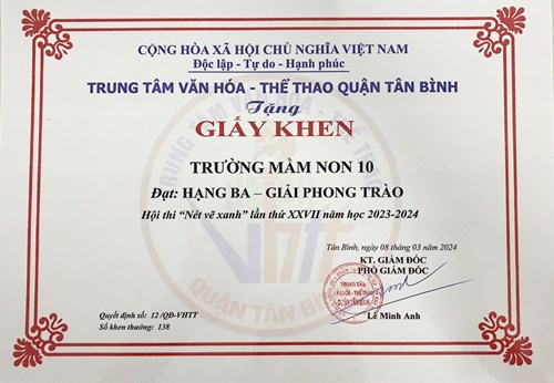Trường Mầm non 10 đạt hạng ba giải phong trào Hội thi  Nét vẽ xanh  lần thứ XXVII năm học 2023-2024
