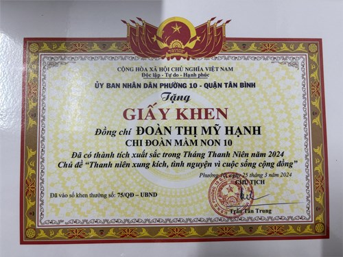 Chi đoàn mầm non 10 đạt thành tích xuất sắc trong tháng thanh niên năm 2024
