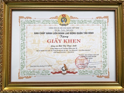 Đồng chí Bùi Thị Thục Anh Công đoàn cơ sở Trường Mầm non 10 đã đạt thành tích xuất sắc trong phong trào thi đua   Lao động giỏi - Lao động sáng tạo  giai đoạn (01/05/2023-29/4/2024)