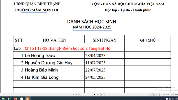 Danh sách học sinh năm học 2024-2025