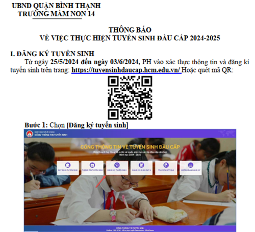 Từ ngày 25/5/2024 đến ngày 03/6/2024, PH vào xác thực thông tin và đăng kí tuyển sinh trên trang: https://tuyensinhdaucap.hcm.edu.vn/