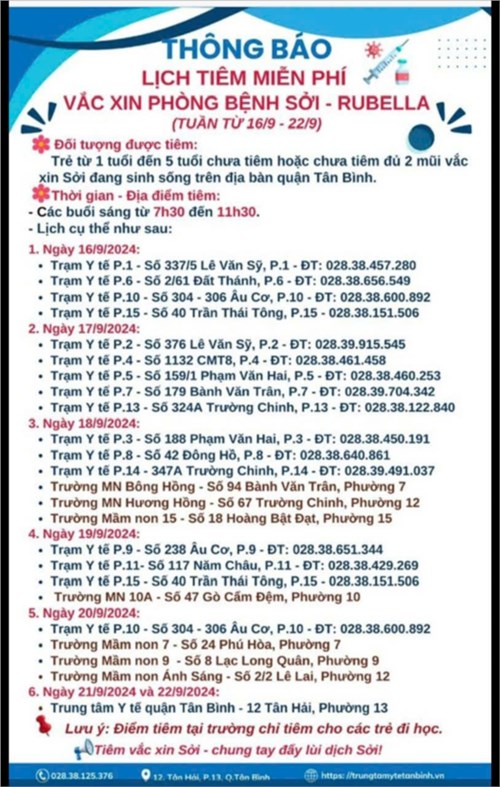 Thông báo lich tiêm miễn phí
vắc xin phòng bệnh sởi - rubella
