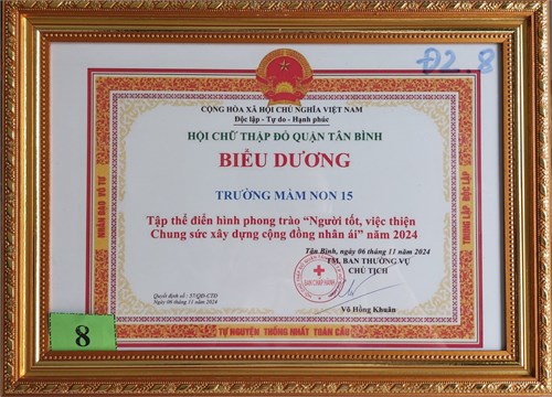 Trường Mầm non 15 nhận biểu dương tập thể điển hình phong trào  Người tốt, việc thiện - Chung sức xây dựng cộng đồng nhân ái  năm 2024