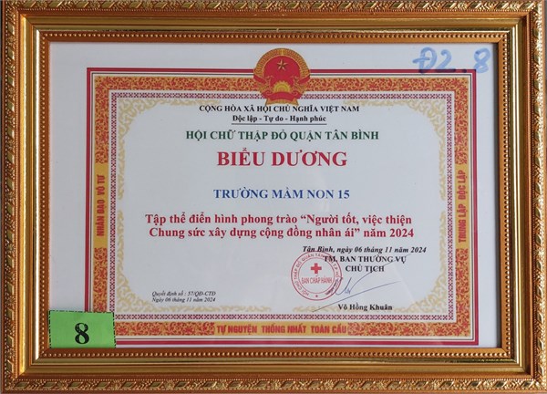 Trường Mầm non 15 nhận biểu dương tập thể điển hình phong trào  Người tốt, việc thiện - Chung sức xây dựng cộng đồng nhân ái  năm 2024