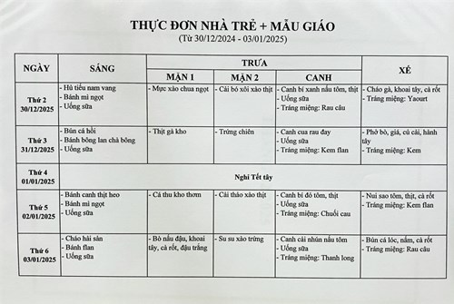 Thực đơn tuần của bé từ ngày 30/12/2024 đến ngày 03/01/2025