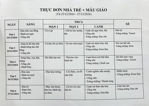 Thực đơn tuần của bé từ ngày 23/12/2024 đến ngày 27/12/2024