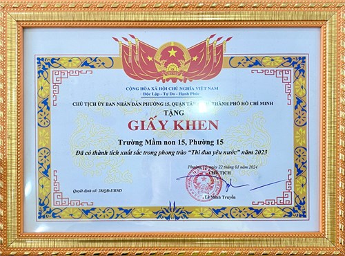 Trường Mầm non 15 nhận giấy khen Đã có thành tích xuất sắc trong phong trào  Thi đua yêu nước  năm 2023, Quyết định số 28/QĐ-UBND ngày 22/01/2023 của UBND phường 15