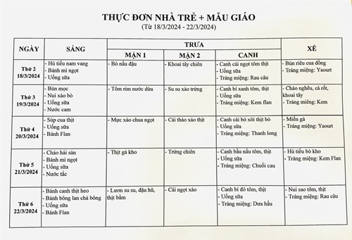 Thực đơn tuần của bé từ ngày 18/3/2024 đến ngày 22/3/2024