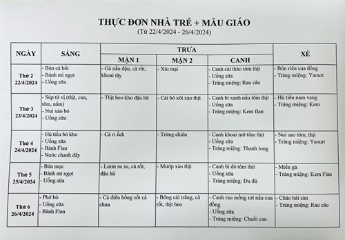 Thực đơn tuần của bé từ ngày 22/04/2024 đến ngày 26/04/2024