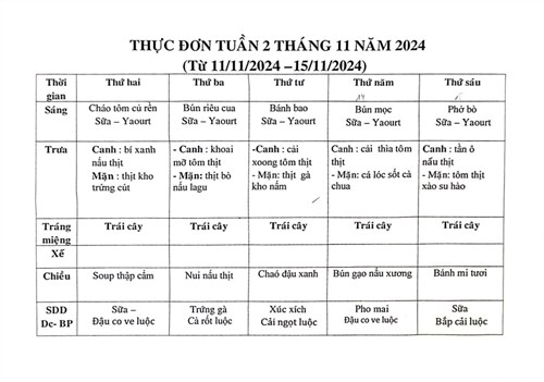 Thực đơn tuần 2 tháng 11 năm 2024
