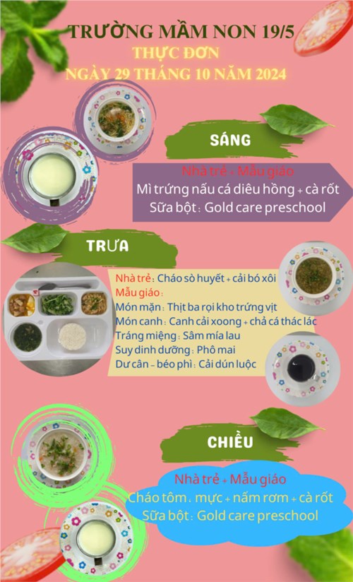 Thực đơn ngày 29 tháng 10 năm 2024